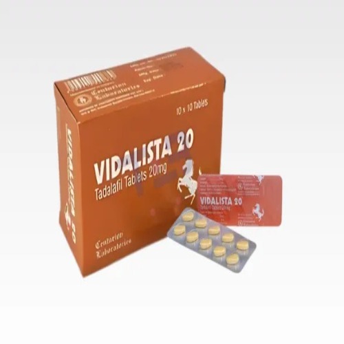 Branded carton of Vidalista 20mg with tablets displayed outside the packaging