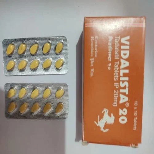 Multiple blister strips of Vidalista 20mg tablets alongside product box