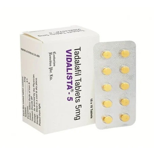 Vidalista 5mg box with multiple blister strips arranged, packaging and dosage identifiable