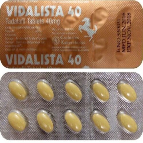 Vidalista 40mg (Tadalafil) copper foil blister pack with yellow tablets close-up