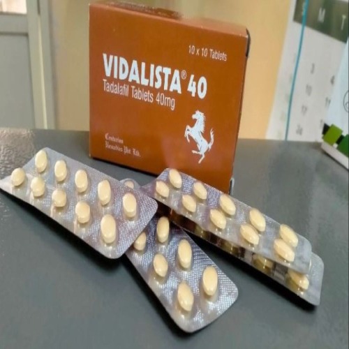 Vidalista 40mg (Tadalafil) branded carton with multiple yellow oval tablet blister strips
