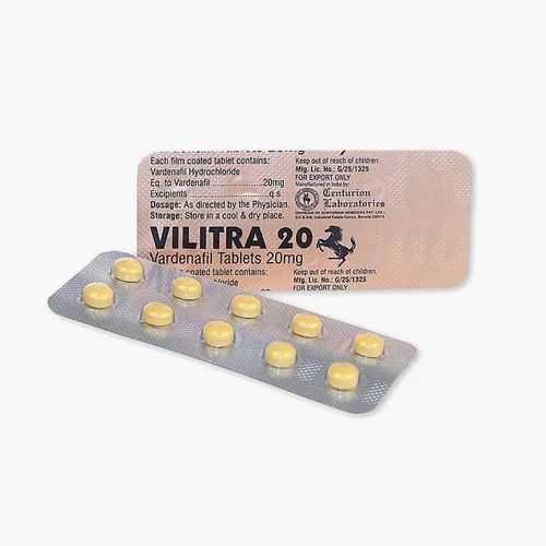 Vilitra 20mg packaging with open blister strip containing yellow round tablets and branded box