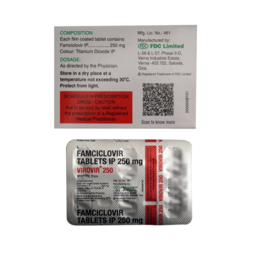 Virovir 250mg (Famciclovir) close-up of silver foil blister pack and box