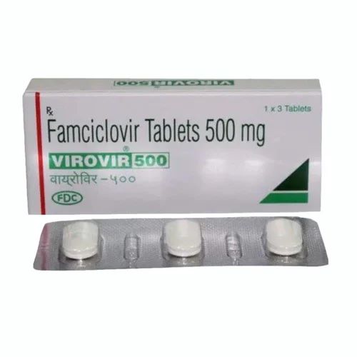 Virovir 500mg (Famciclovir) green label carton with white pill blister strip