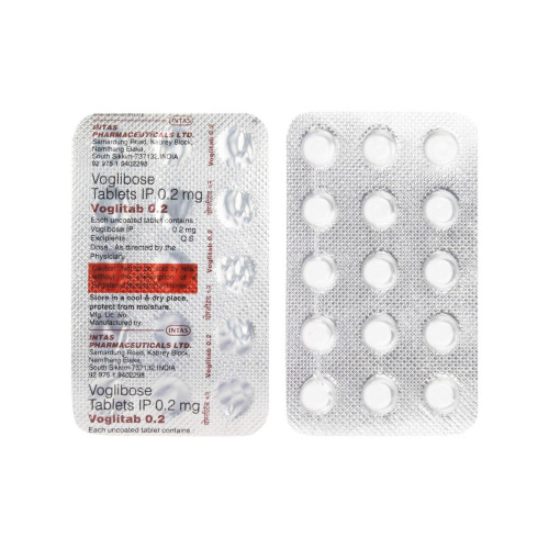 Voglitab 0.2 tablets silver blister pack back view with label