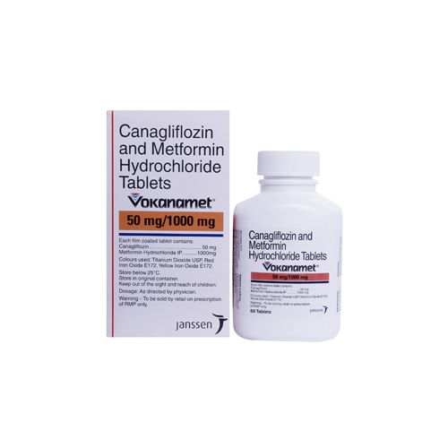Vokanamet 50/1000mg bottle with outer box packaging for type 2 diabetes treatment