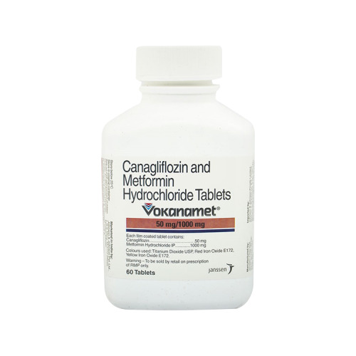 VVokanamet 50/1000mg white plastic container labeled Canagliflozin and Metformin tabletsokanamet 50/1000mg white plastic container labeled Canagliflozin + Metformin tablets