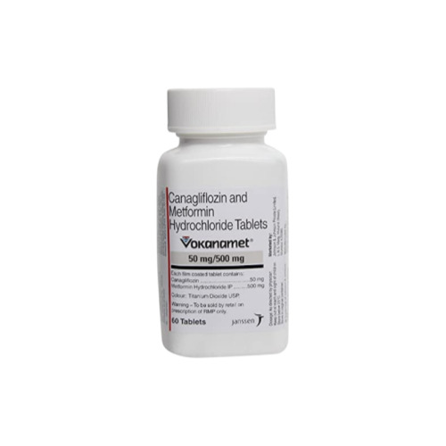Vokanamet 50/500mg bottle front view with clear product label (Canagliflozin and Metformin)