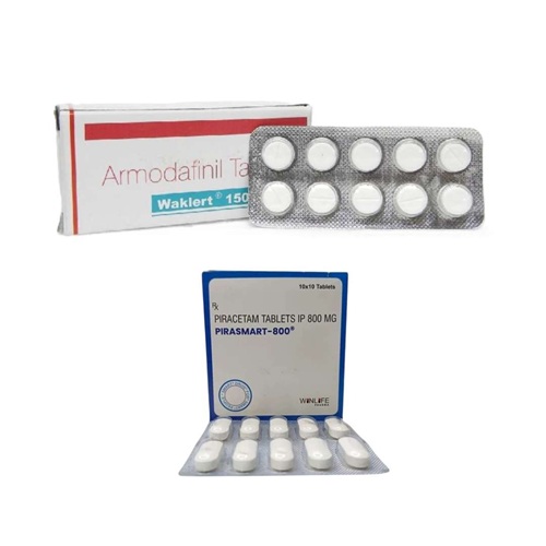 Waklert 150mg tablets with Pirasmart 800mg tablets set product, dual action therapy for sleep and cognitive health, blister packs displayed together