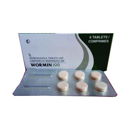 Wormin 100 (Mebendazole) 100mg 6 tablets blister strip with branded carton packaging for intestinal worm infection treatment online pharmacy