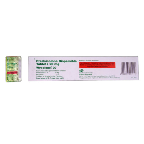 Wysolone DT 20mg tablets silver foil blister strip with printed text and orange tablets
