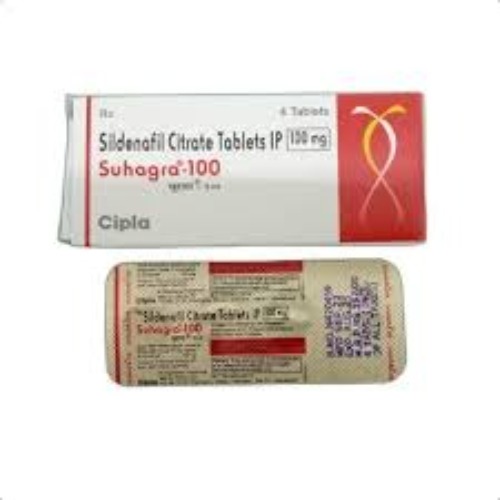 Suhagra 100 blister strip close-up, tablets and printed label details visible