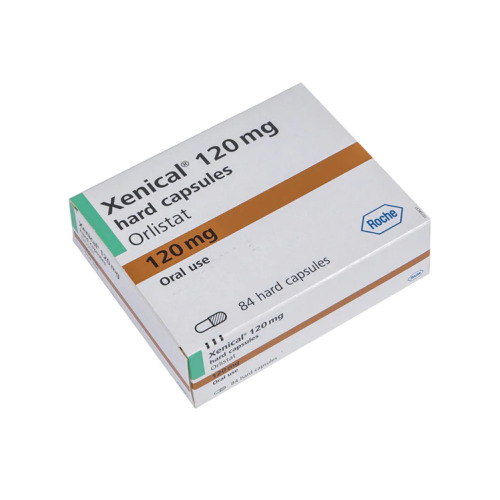 Xenical 120mg (Orlistat) box packaging with 84 capsules, Roche logo clearly visible