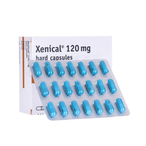 Xenical 120mg (Orlistat) blister pack showing blue capsules arranged in box packaging