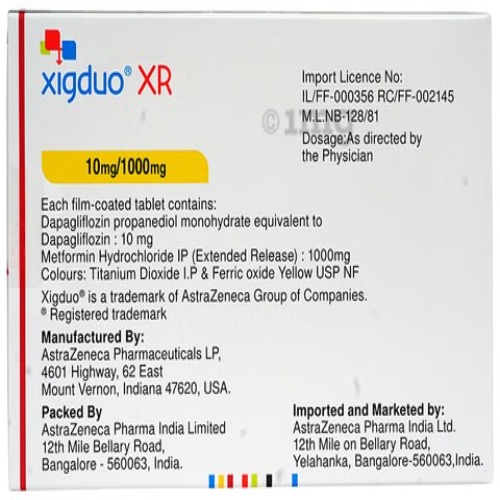 Xigduo XR 10/1000mg tablets white box back side with prescribing and dosage information