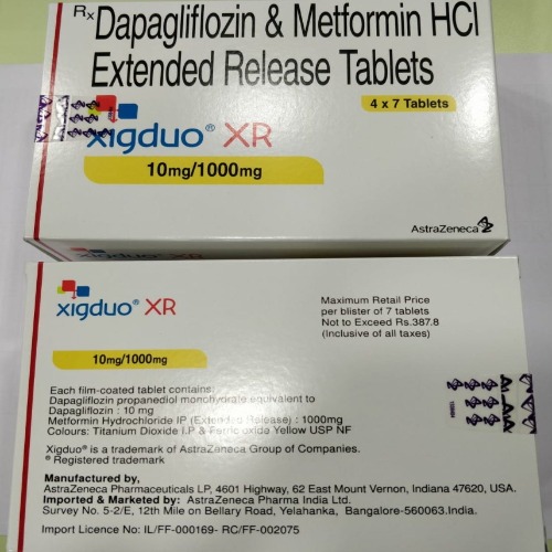 Xigduo XR 10/1000mg tablets multiple blister packs stacked, showing silver strips and labeling