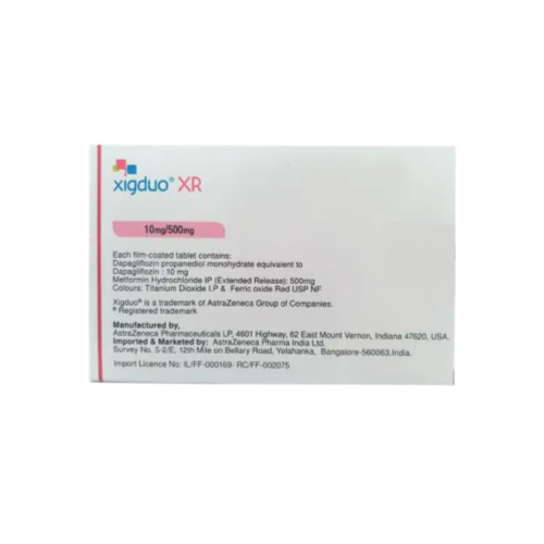 Xigduo XR 10/500mg tablets back side of white carton with dosage and prescribing information