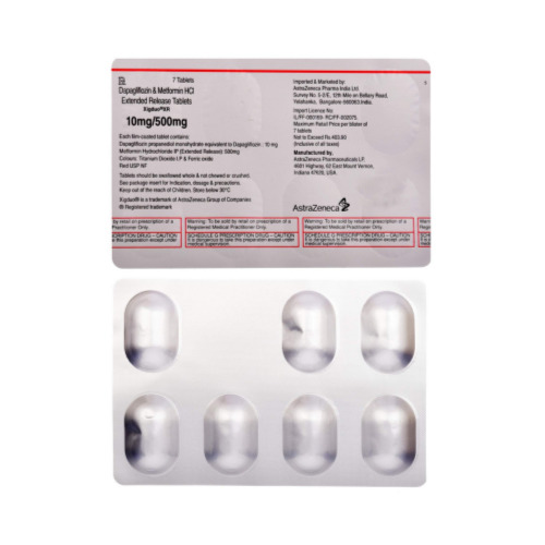 Xigduo XR 10/500mg silver blister strip with oval white film-coated tablets