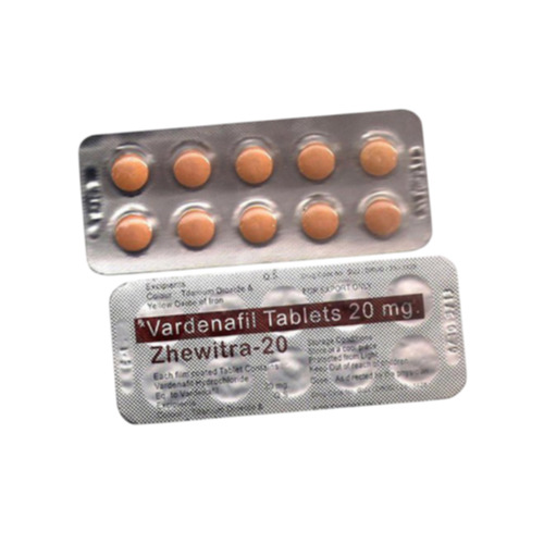 Zhewitra 20mg blister strips close-up, orange tablets and printed foil details clear
