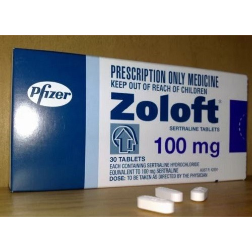 Zoloft 100mg (Sertraline HCl) large box packaging in white and blue design with Pfizer logo