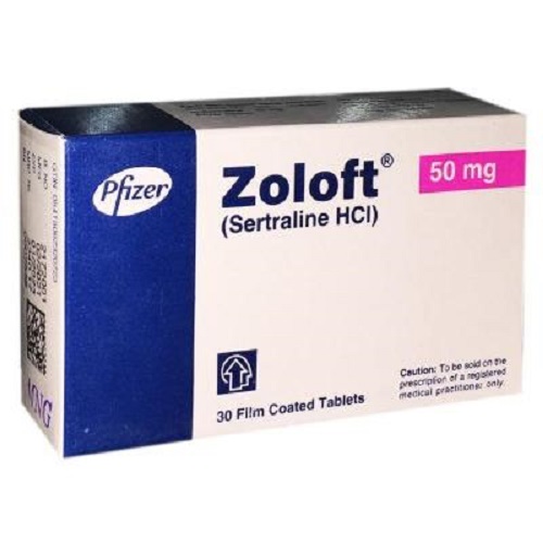 Zoloft 50mg (Sertraline HCl) large box packaging in white and blue design