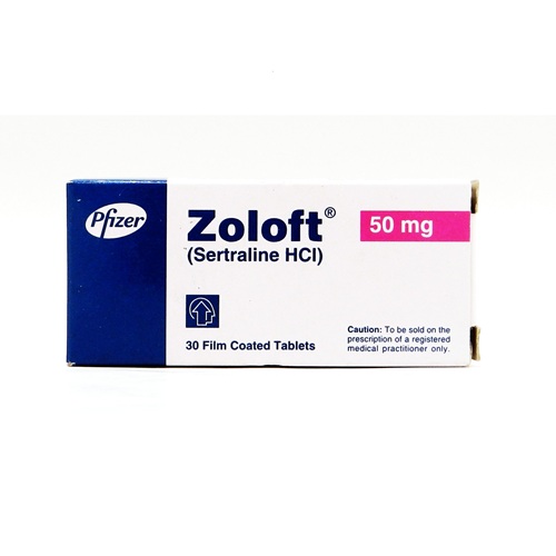 Zoloft 50mg (Sertraline HCl) small box packaging with pink dosage label on corner