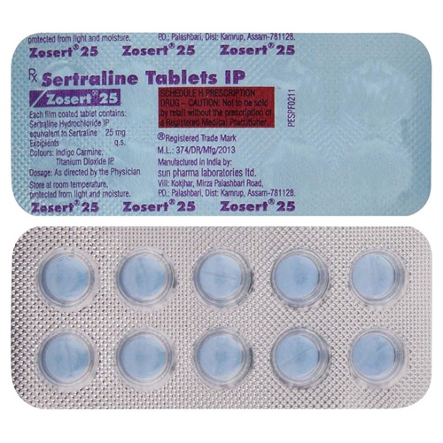 Zosert 25 tablets 25mg silver foil blister strip with Cipla branding and printed text