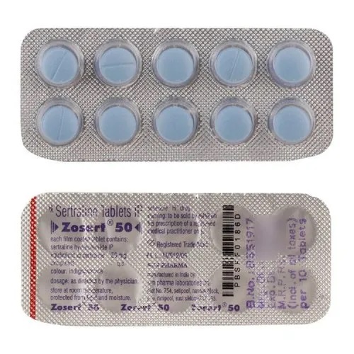 Zosert 50mg tablets blister pack close-up with Cipla branding and dosage labeling