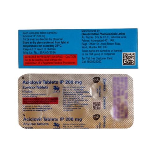 Front and back view of Zovirax 200 blister strip showing batch, expiry, and manufacturer details