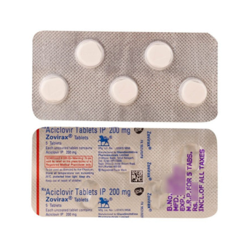 Zovirax 200 blister pack with 5 white round tablets clearly visible
